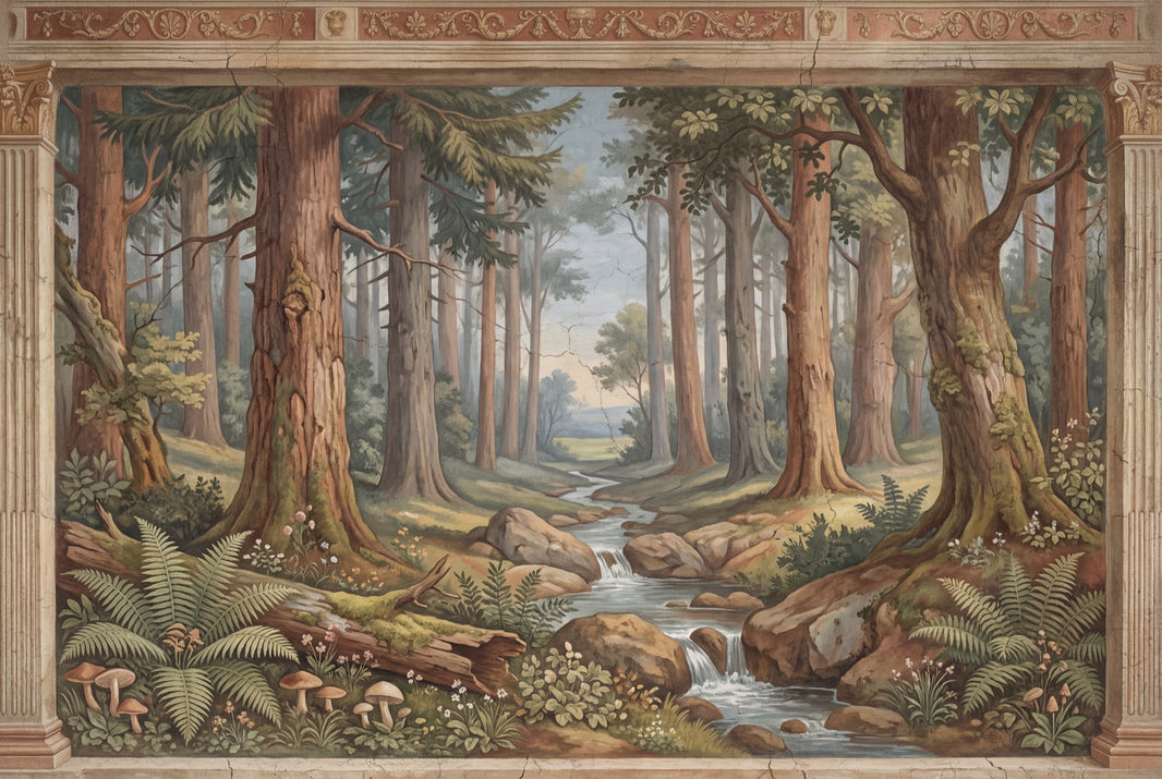 Forest Landscape Mural Wallpaper Stream And Waterfall Tall Trees Removable Wall Decor pattern artwork