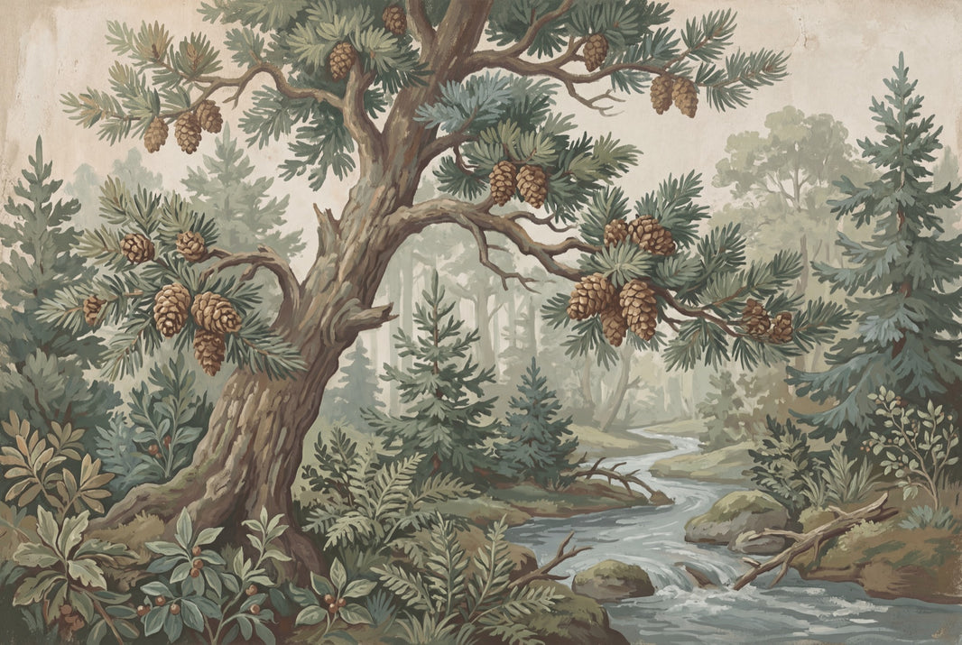 Misty Woods Wallpaper Forest Landscape Removable Vintage Nature Wall Decor pattern artwork