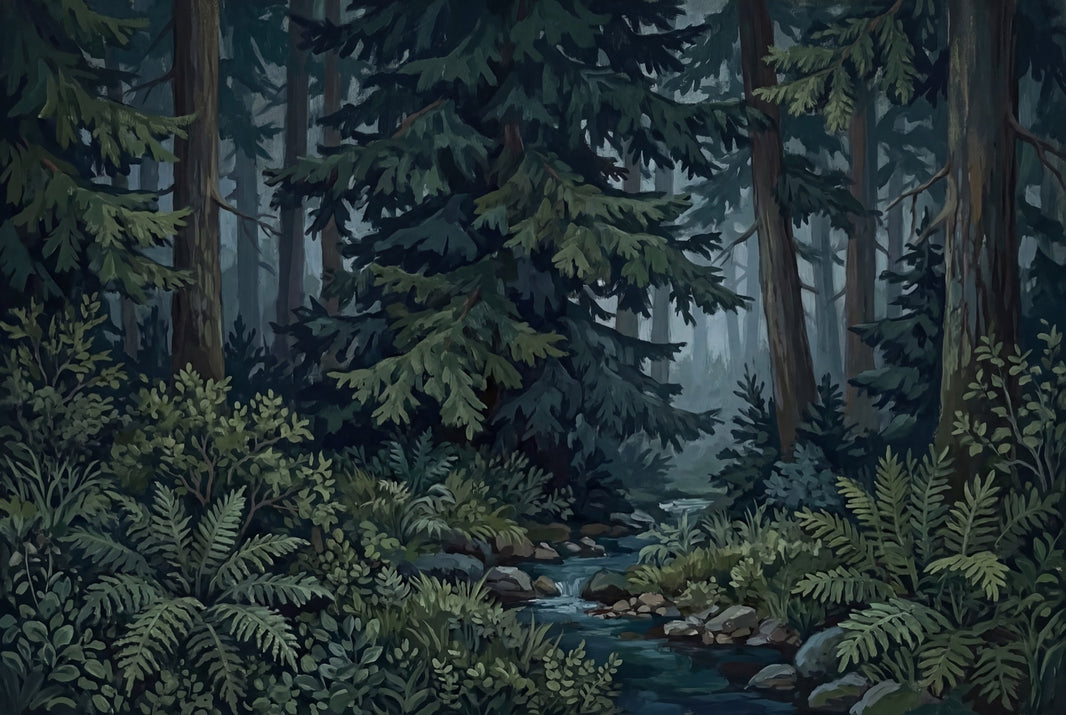 Misty Forest Wallpaper Evergreen Woodland Wall Mural pattern artwork
