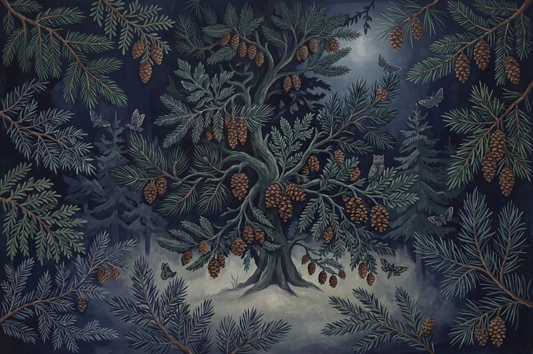 Dark Forest Wallpaper Pine Branches Vintage Illustration Removable Wall Decor pattern artwork