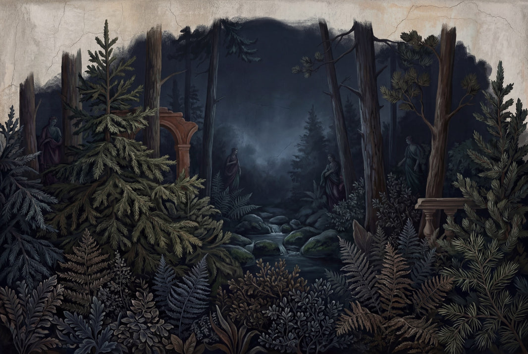 Moody Forest Wallpaper Misty Woodland Removable Vintage Mural Wall Decor pattern artwork