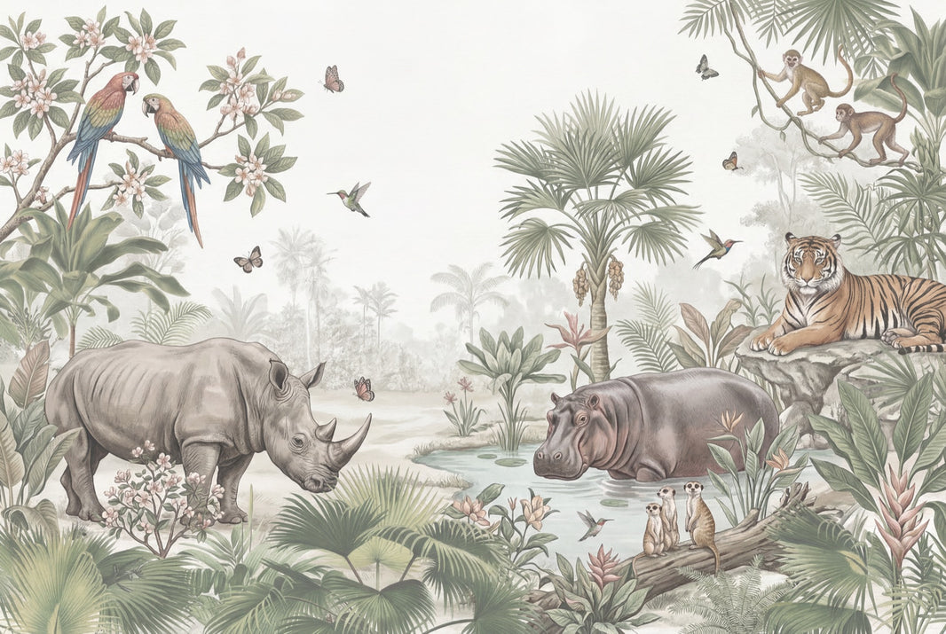 Tropical Jungle Wallpaper Wildlife Removable Watercolor Illustration Wall Decor pattern artwork