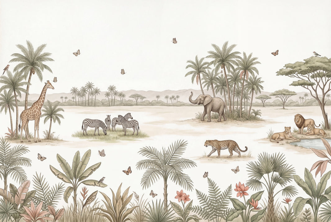 White Background Wallpaper Safari Watercolor Removable Wall Decor pattern artwork