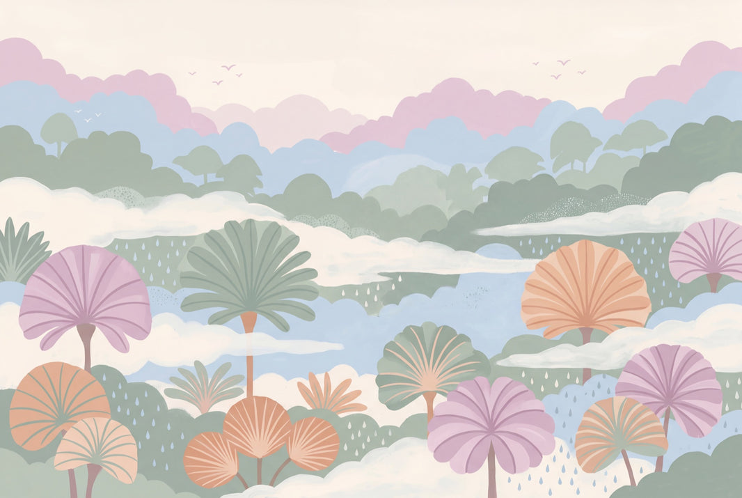 Pastel Landscape Wallpaper Stylized Trees Removable Layered Hills Wall Decor pattern artwork