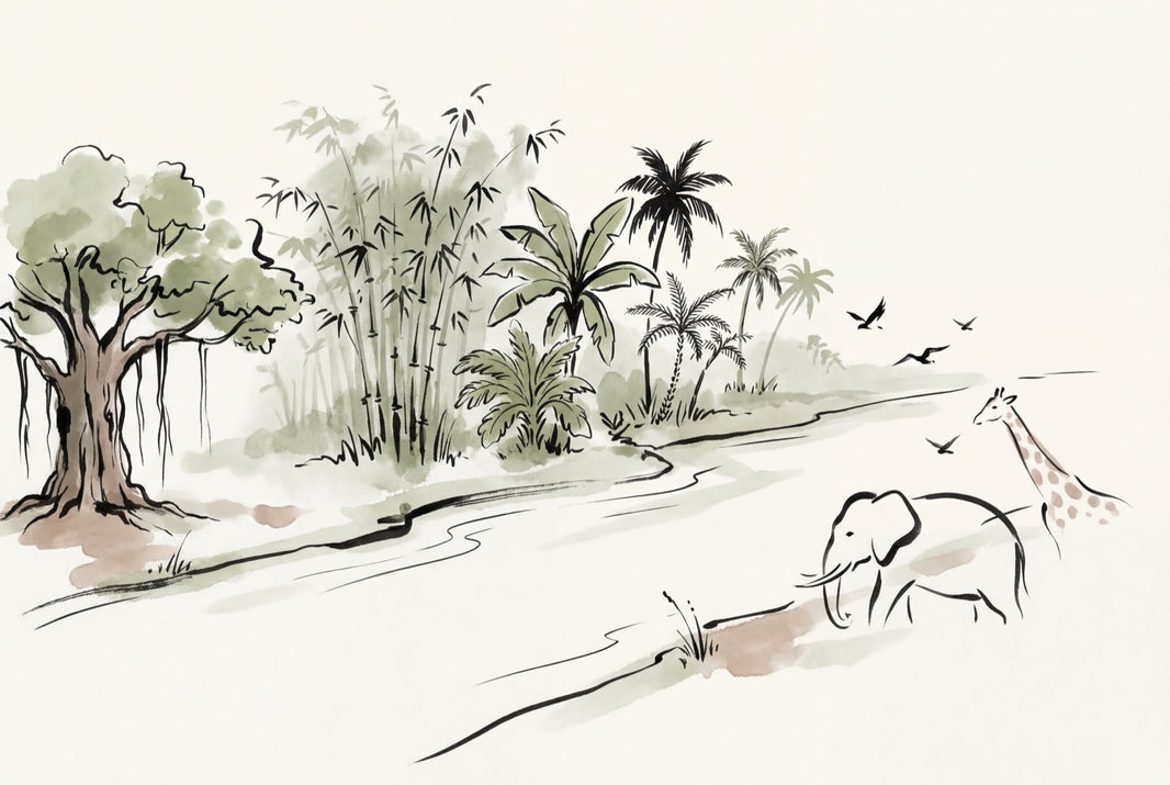 Tropical Landscape Wallpaper Watercolor Ink River Removable Wall Decor pattern artwork