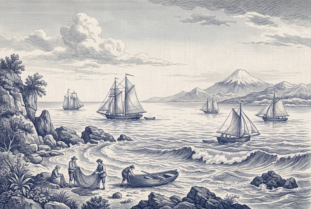 Coastal Landscape Wallpaper Toile Vintage Engraving Wall Mural pattern artwork