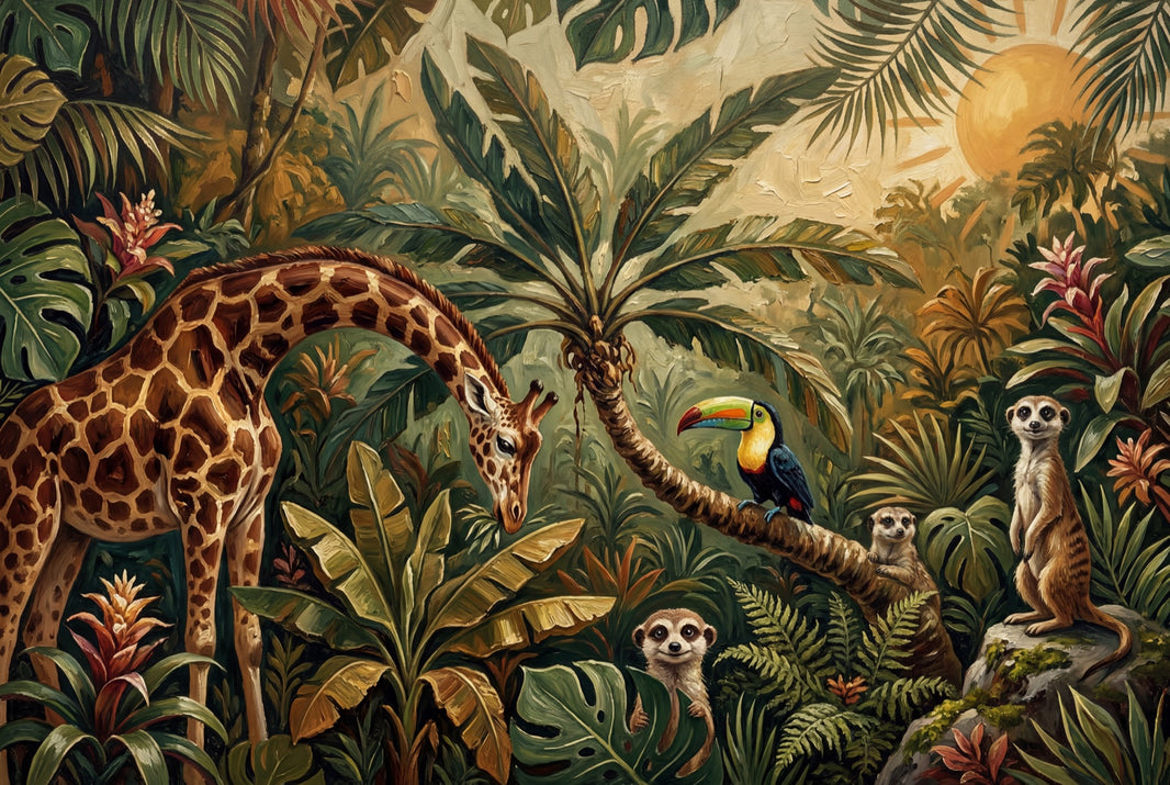 Tropical Jungle Wallpaper Giraffe Toucan Wall Mural pattern artwork