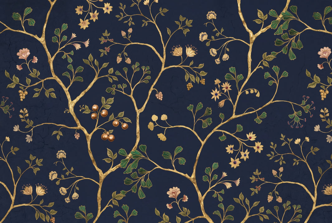 Dark Navy Background Wallpaper Gold Branches Botanical Floral Wall Mural pattern artwork
