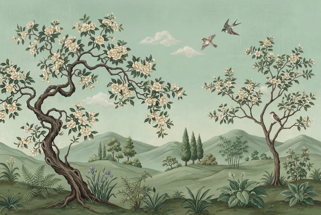 Green Landscape Mural Wallpaper Floral Blossoming Trees Birds In Flight Removable Wall Decor pattern artwork