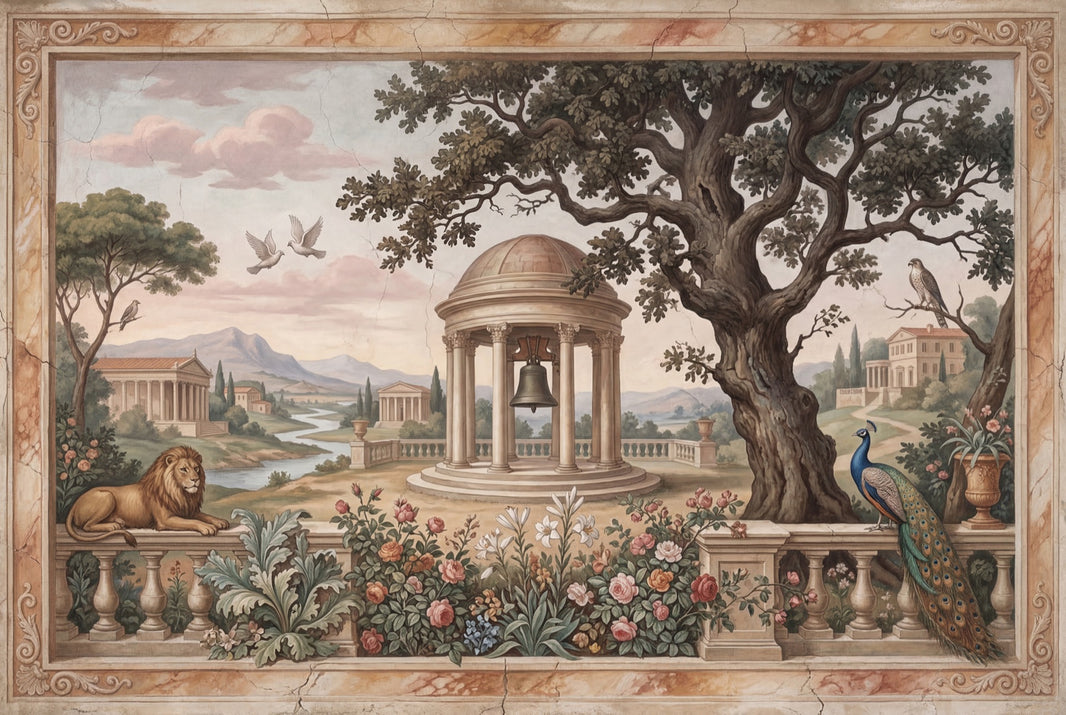 Classical Landscape Mural Wallpaper Mediterranean Villa Neoclassical Rotunda Wall Mural pattern artwork