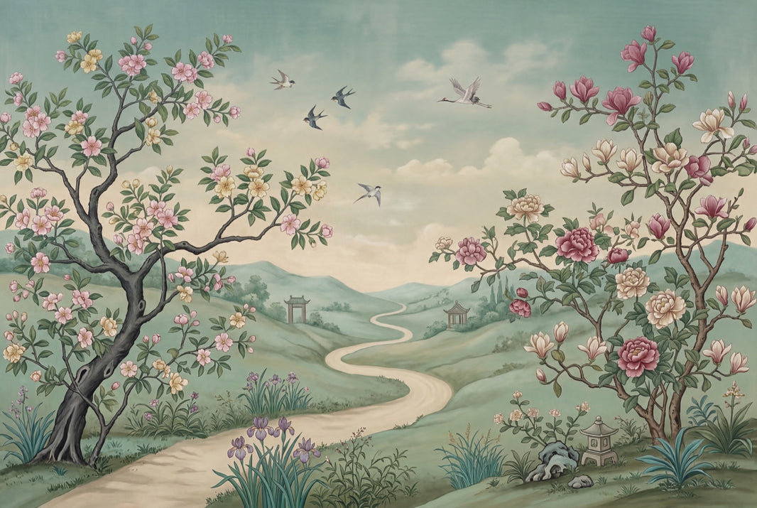 Chinoiserie Wallpaper Pastel Green Landscape Vintage Mural Removable Wall Decor pattern artwork