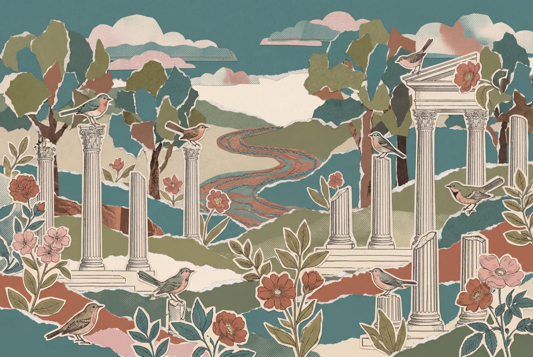 Scenic Landscape Wallpaper Temple Ruins Removable Birds Wall Decor pattern artwork