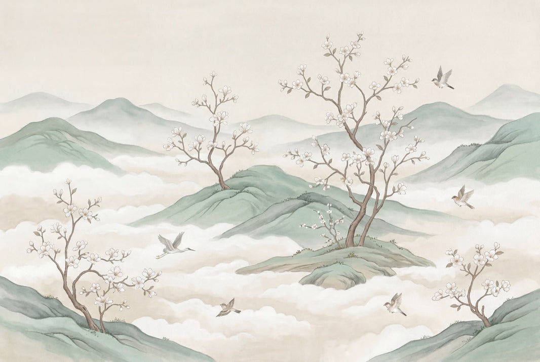 Misty Mountains Wallpaper Sage Green Cherry Blossom Branches Wall Mural pattern artwork