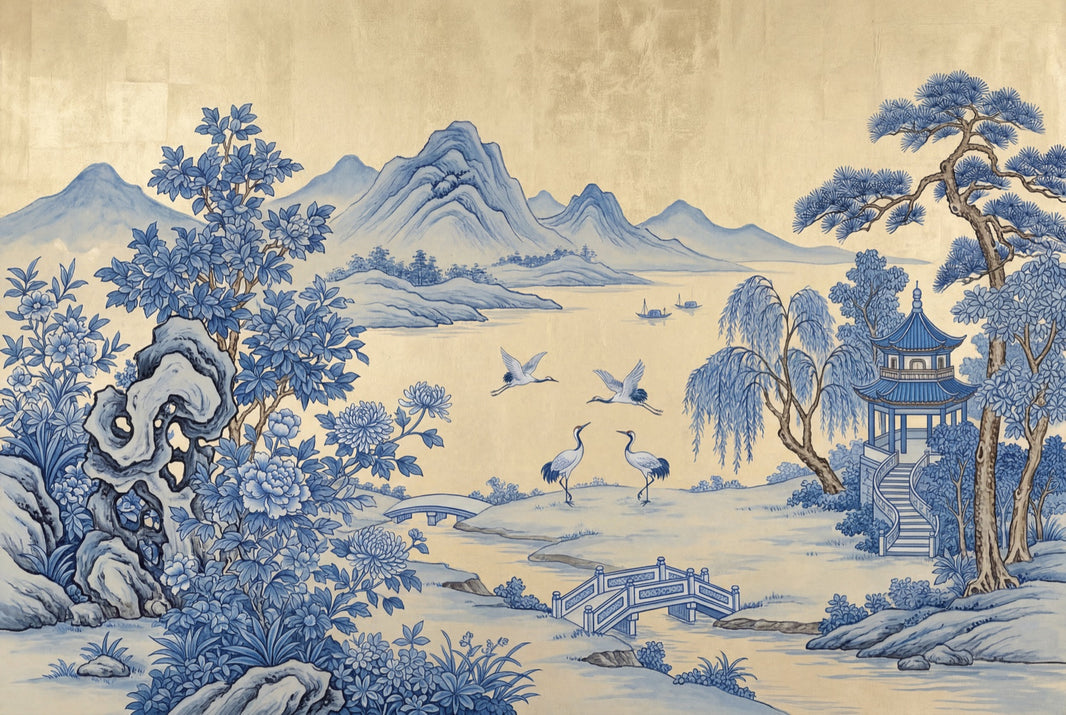 Blue And White Wallpaper East Asian Landscape Pagoda Pavilion Removable Wall Decor pattern artwork
