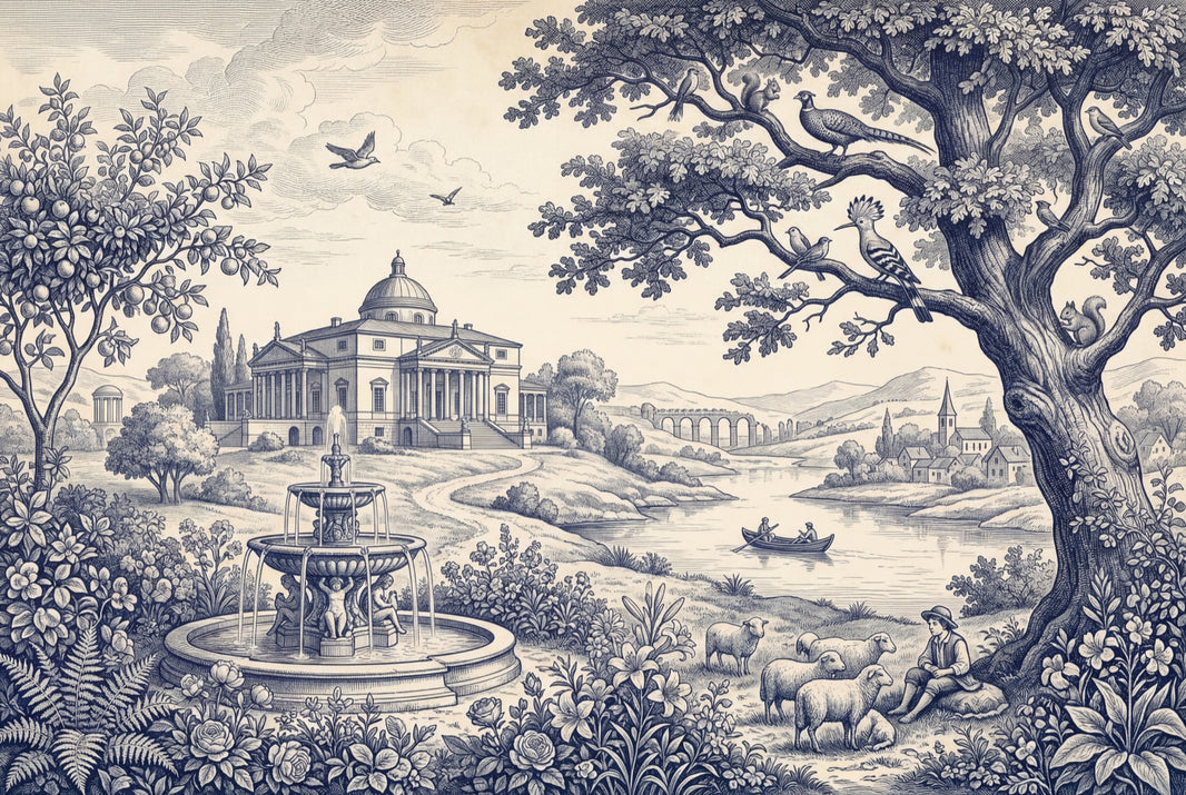 Blue Toile Wallpaper Pastoral Landscape Neoclassical Villa Wall Mural pattern artwork