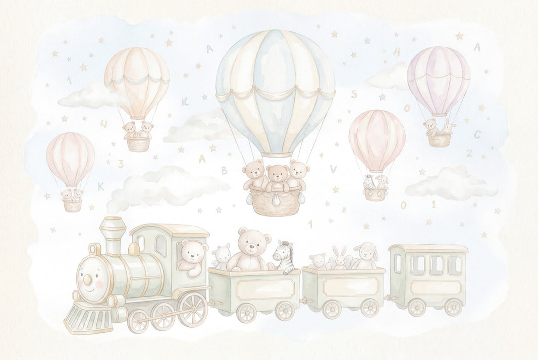Hot Air Balloons Wallpaper Teddy Bears Removable Toy Train Wall Decor pattern artwork