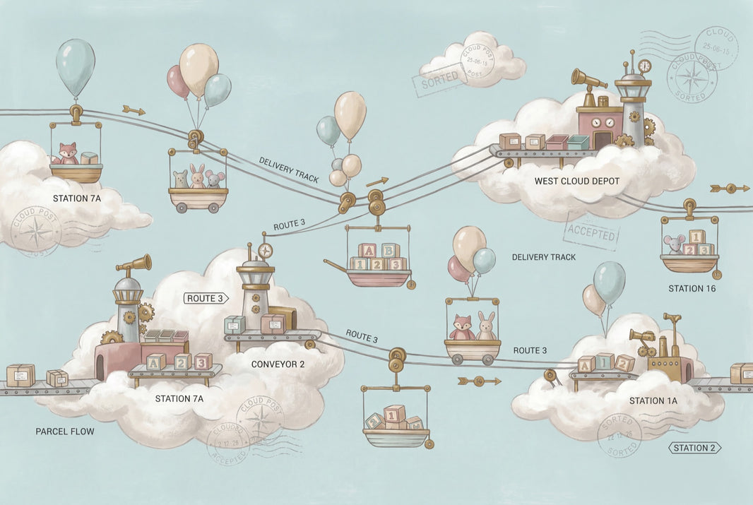 Whimsical Cloud Landscape Wallpaper Sky Delivery Route Map Parcel Post Theme Removable Wall Decor pattern artwork