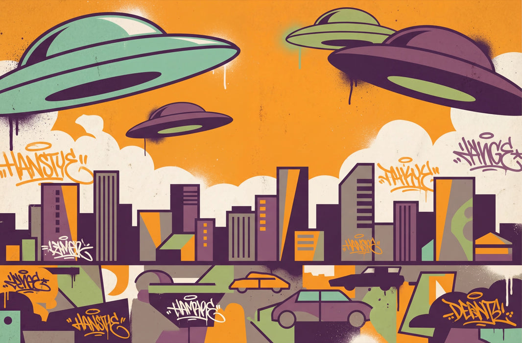 UFOs Wallpaper Urban Skyline Removable Graffiti Street Art Wall Decor pattern artwork