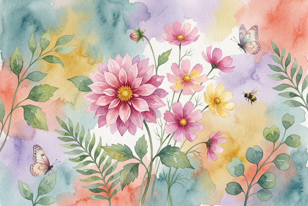 Watercolor Floral Wallpaper Pink Dahlia Cosmos Flowers Wall Mural pattern artwork