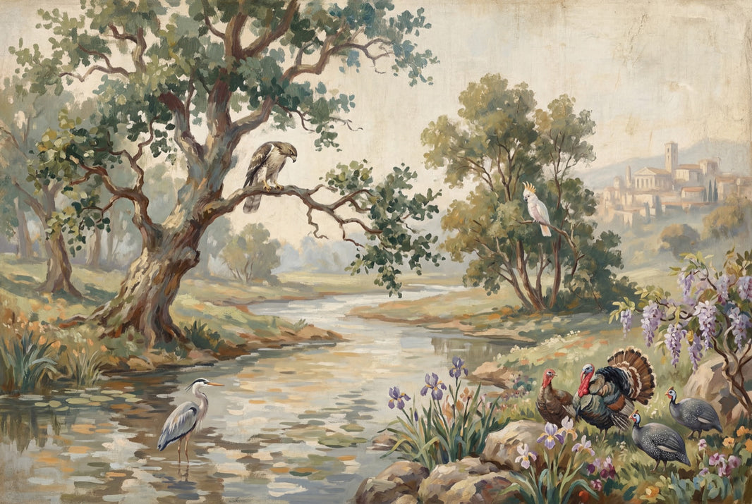 Pastoral Landscape Wallpaper River Scene Vintage Mural Wall Mural pattern artwork