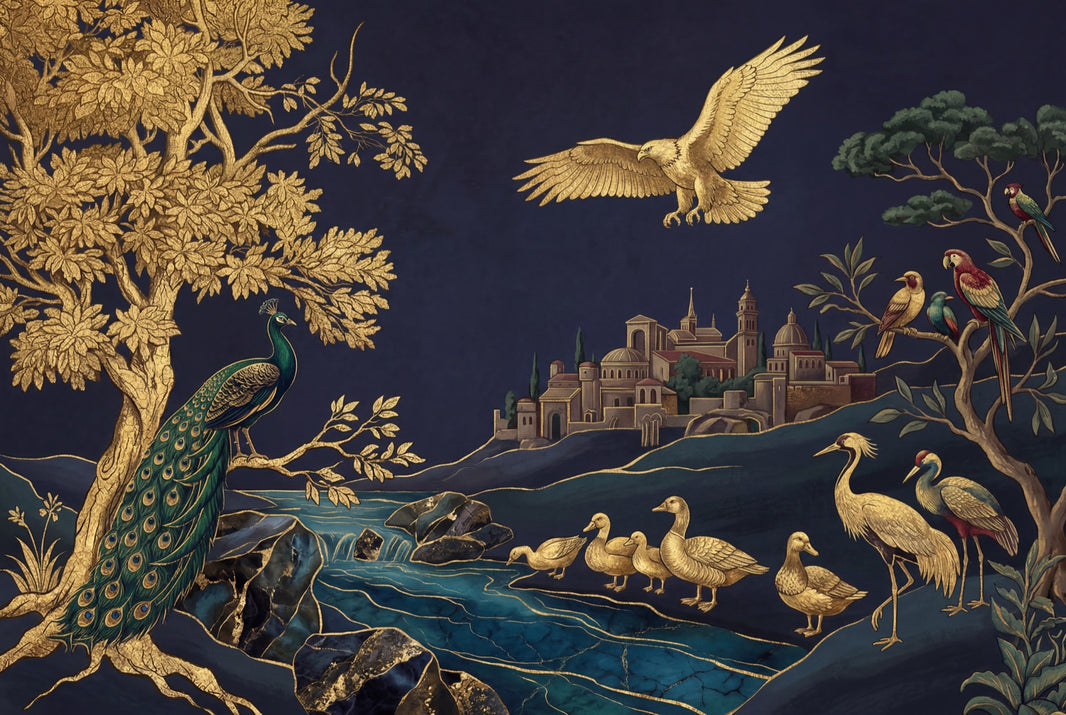 Ornate Landscape Mural Wallpaper Dark Navy Background Gold Foil Removable Wall Decor pattern artwork