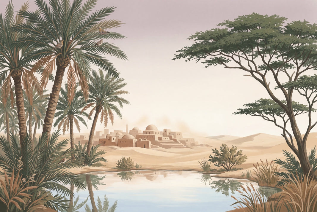 Desert Oasis Wallpaper Middle Eastern Village Adobe Domes Wall Mural pattern artwork