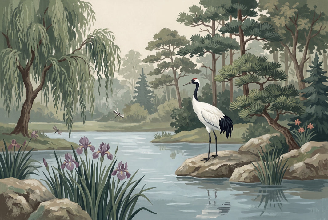 Crane Bird Wallpaper Pond Removable Landscape Wall Decor pattern artwork