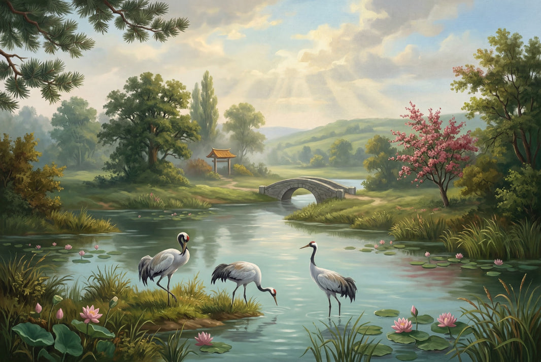 Tranquil Landscape Wallpaper Cranes Removable Stone Bridge Wall Decor pattern artwork