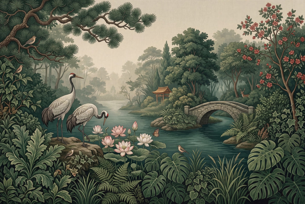 Misty Forest Wallpaper River Stone Bridge Wall Mural pattern artwork