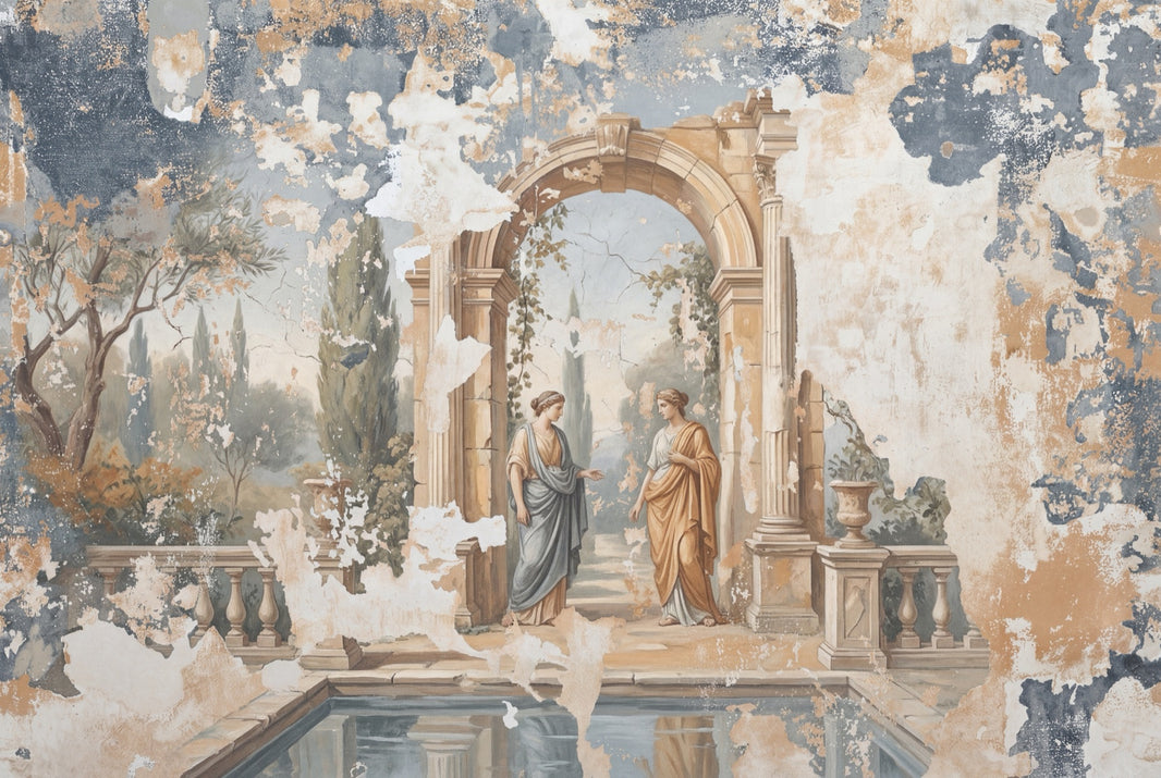 Classical Fresco Wallpaper Mediterranean Garden Stone Archway Wall Mural pattern artwork