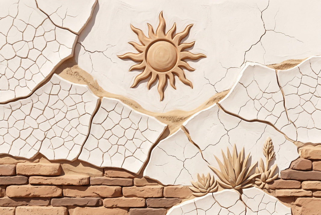 Stucco Relief Wallpaper Sun Motif Cracked Plaster Wall Mural pattern artwork