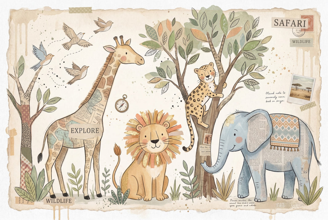 Safari Wallpaper Wildlife Vintage Collage Removable Wall Decor pattern artwork