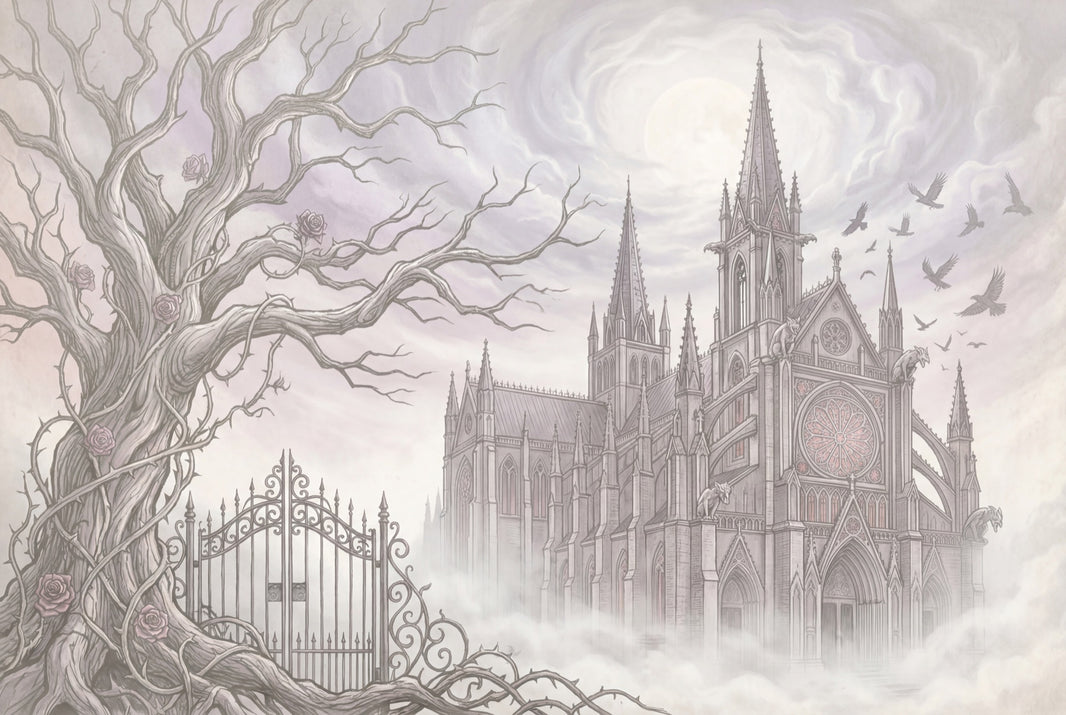 Gothic Cathedral Wallpaper Misty Fog Twisted Bare Tree Wall Mural pattern artwork