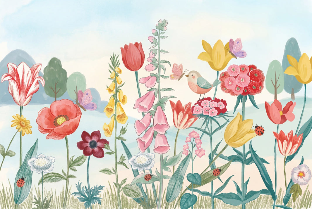 Pastel Butterflies Wallpaper Wildflower Meadow Watercolor Removable Wall Decor pattern artwork