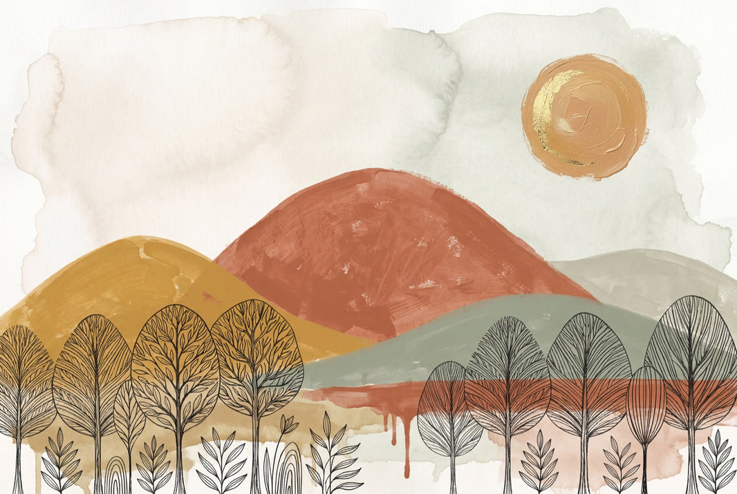 Abstract Landscape Wallpaper Watercolor Hills Line Art Trees Wall Mural pattern artwork