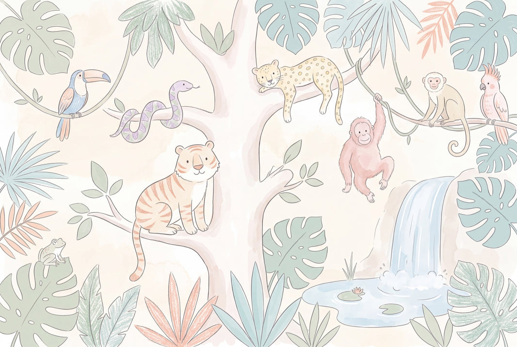 Tropical Jungle Wallpaper Pastel Animals Waterfall Pond Removable Wall Decor pattern artwork