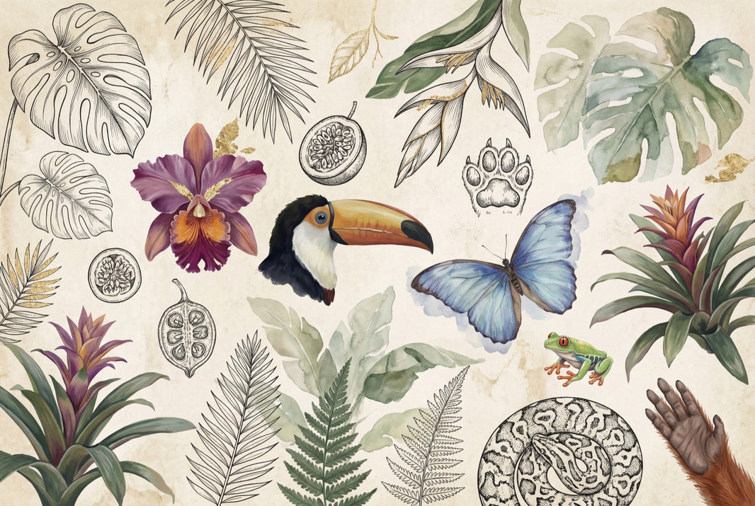 Tropical Wallpaper Toucan Blue Butterfly Wall Mural pattern artwork