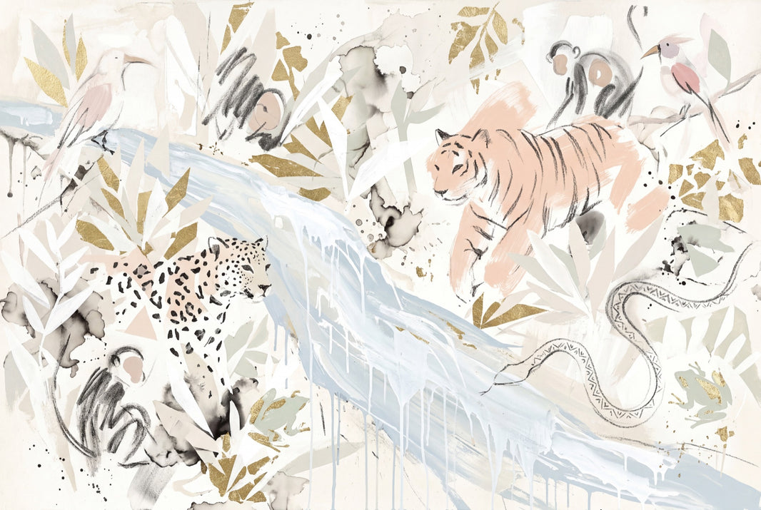 Abstract Safari Wallpaper Tiger Illustration Removable Gold Accents Wall Decor pattern artwork