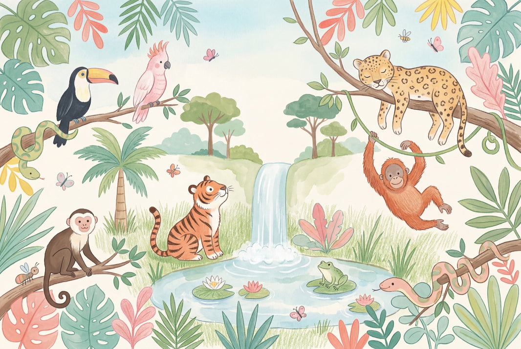 Tropical Jungle Wallpaper Waterfall Pond Pastel Watercolor Wall Mural pattern artwork