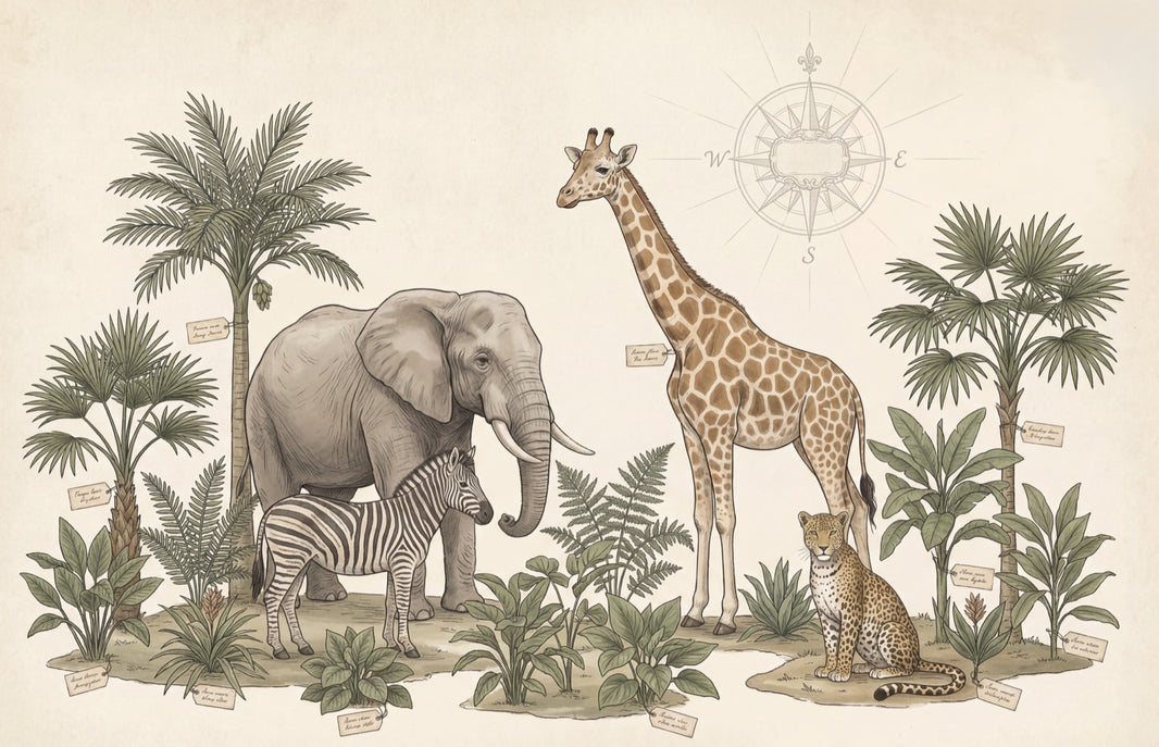 Muted Green Wallpaper Safari Animals Removable Vintage Wall Decor pattern artwork