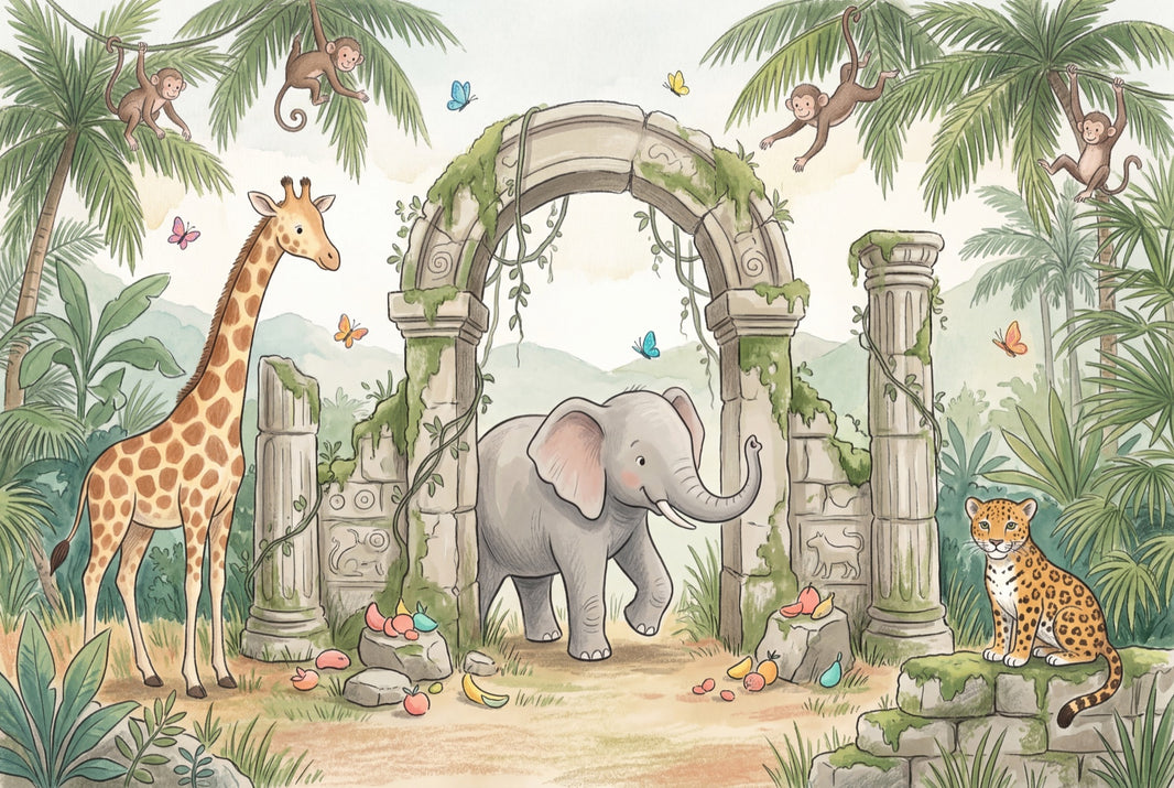 Tropical Jungle Wallpaper Green Foliage Stone Ruins Arch Removable Wall Decor pattern artwork