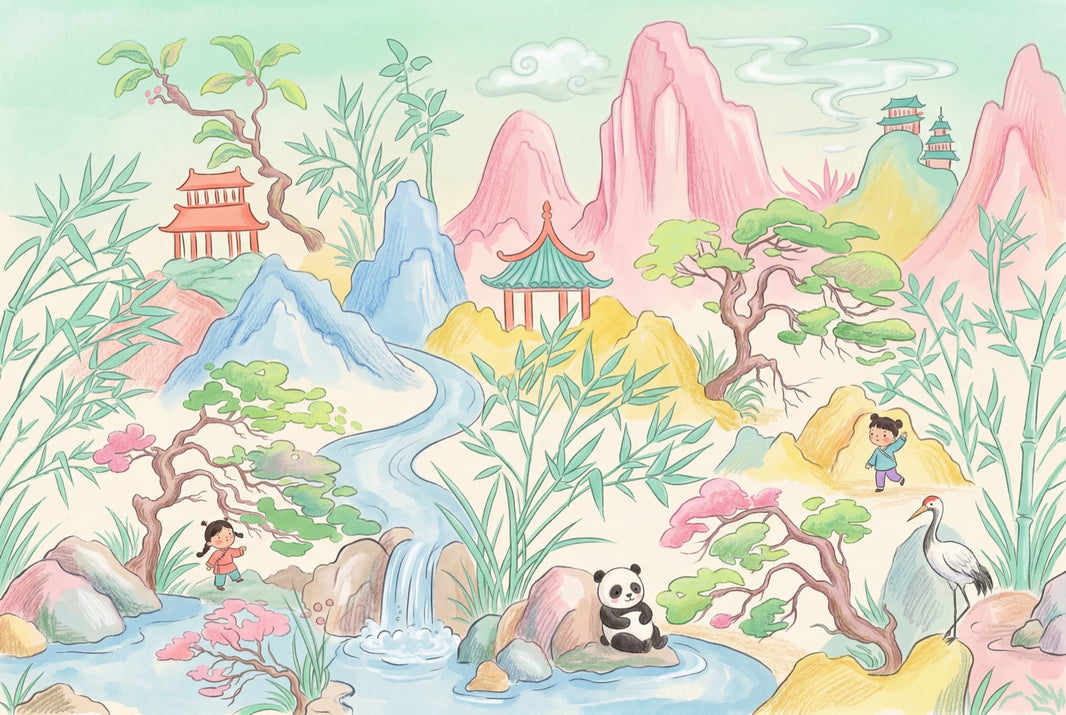 Pastel Landscape Wallpaper Oriental Chinoiserie Pagoda Pavilion Removable Wall Decor pattern artwork