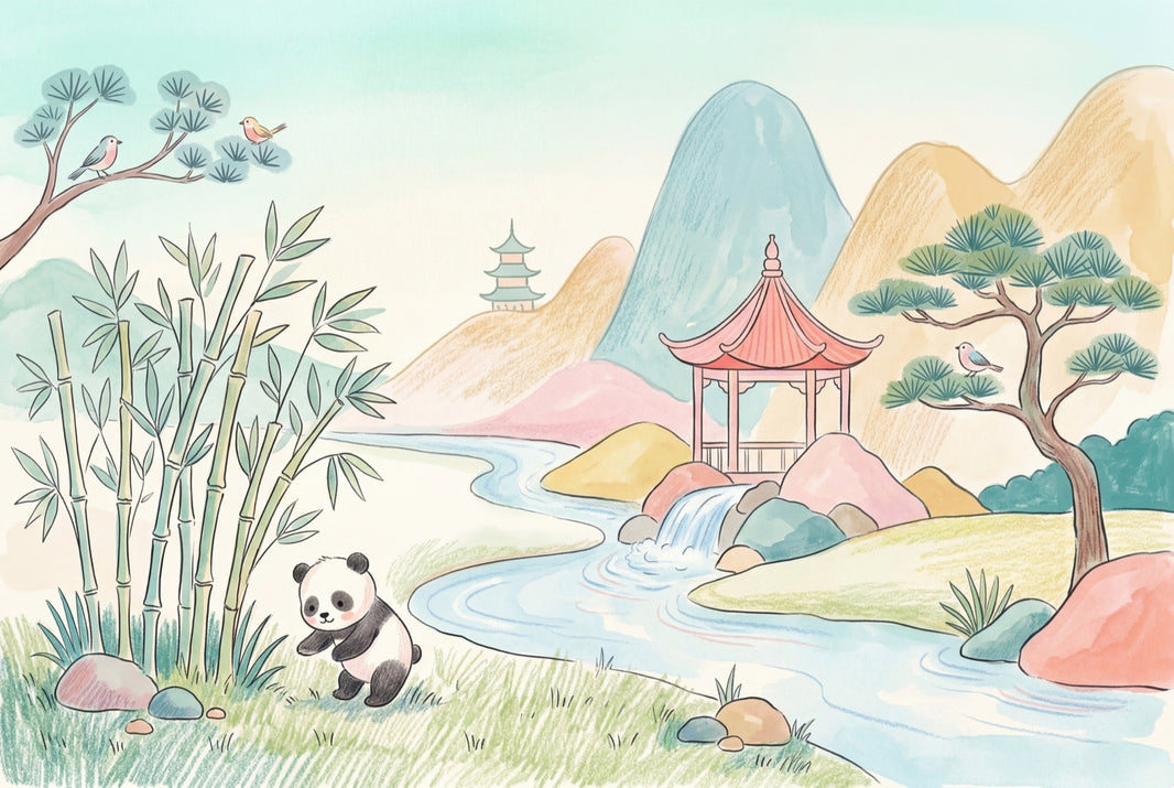 Asian Landscape Wallpaper Panda Removable Watercolor Wall Decor pattern artwork