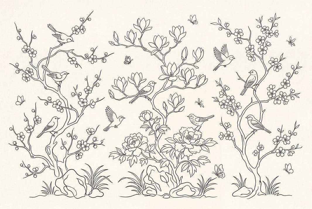 Floral Branches Wallpaper Birds Blossoms Removable Wall Decor pattern artwork