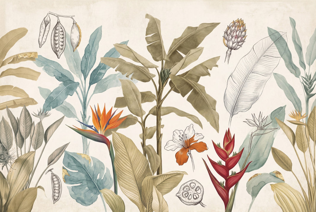 Tropical Botanical Wallpaper Banana Leaves Removable Bird Of Paradise Wall Decor pattern artwork