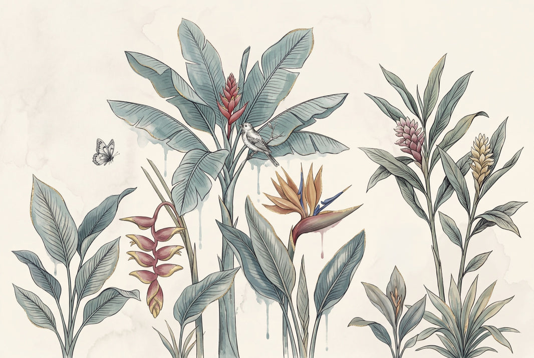 Tropical Botanical Wallpaper Watercolor Illustration Banana Leaves Wall Mural pattern artwork