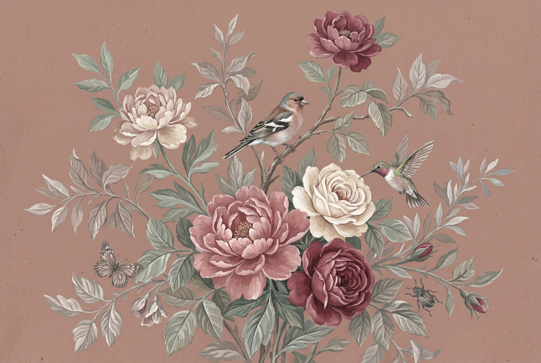 Vintage Floral Wallpaper Botanical Bouquet Peony And Rose Wall Mural pattern artwork