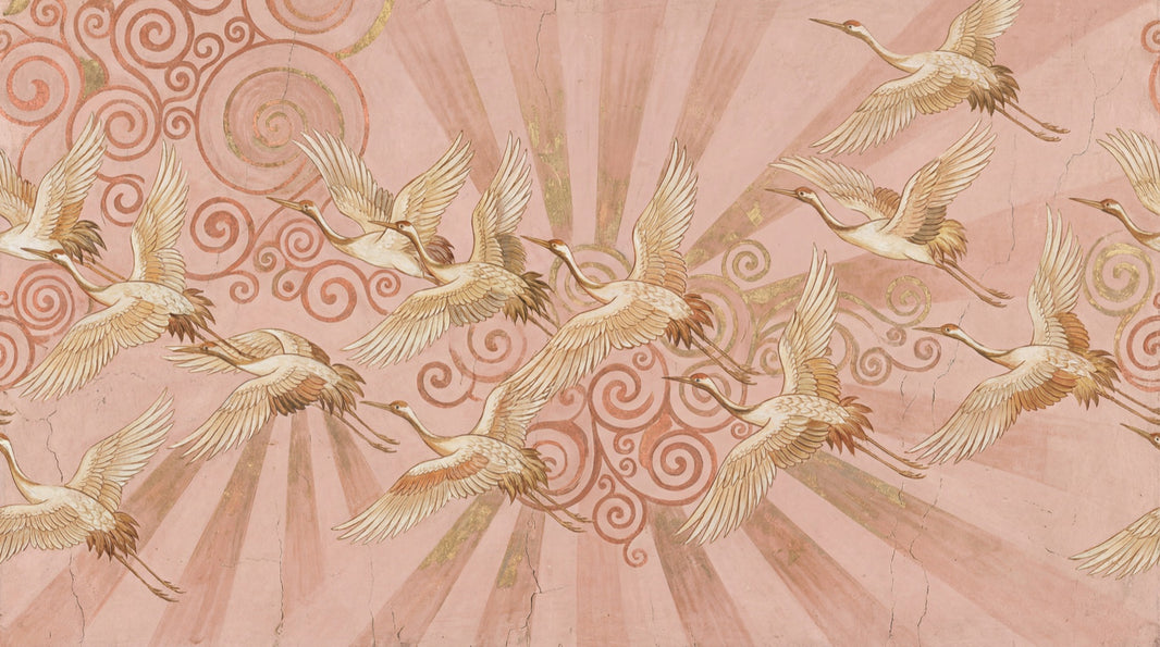 Cranes Wallpaper Vintage Abstract Wall Mural pattern artwork