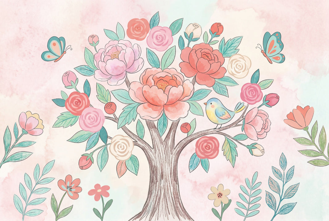 Floral Tree Wallpaper Watercolor Butterflies Removable Wall Decor pattern artwork