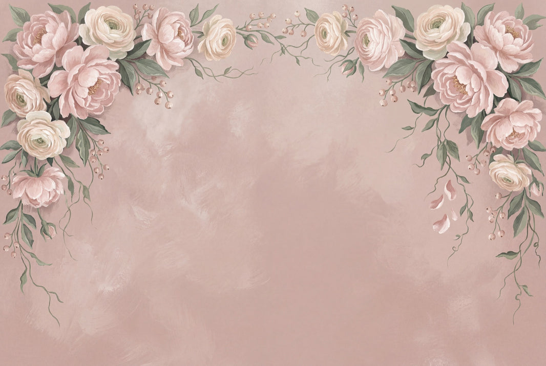 Floral Border Wallpaper Blush Pink Background Peonies Wall Mural pattern artwork